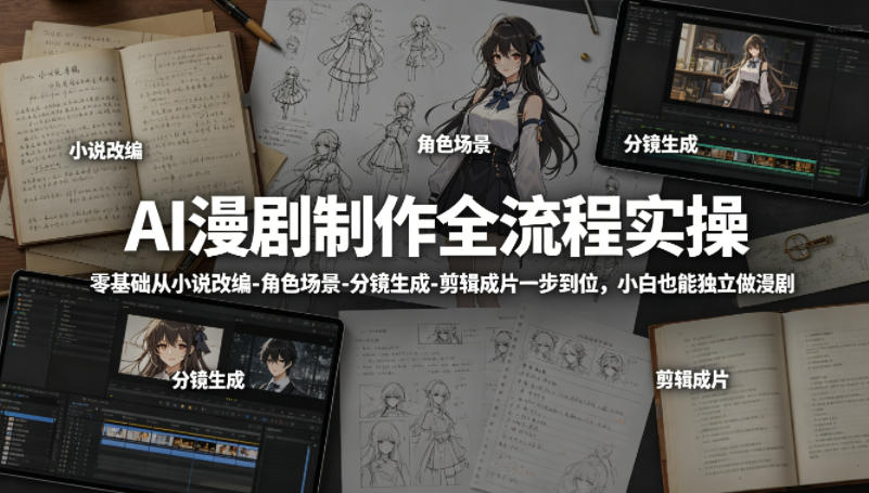 AI漫剧制作全流程实操，零基础从小说改编-角色场景-分镜生成-剪辑成片一步到位，小白也能独立做漫剧|一人科技公司导航