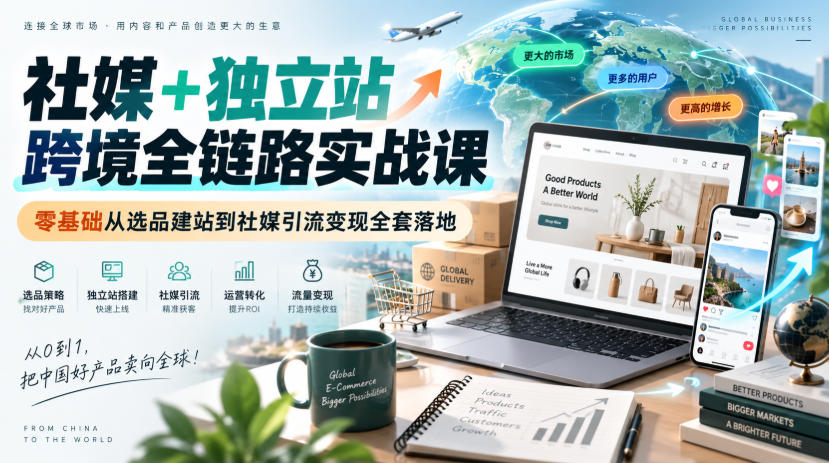 社媒+独立站跨境全链路实战课｜零基础从选品建站到社媒引流变现全套落地|一人科技OPC聚合软件