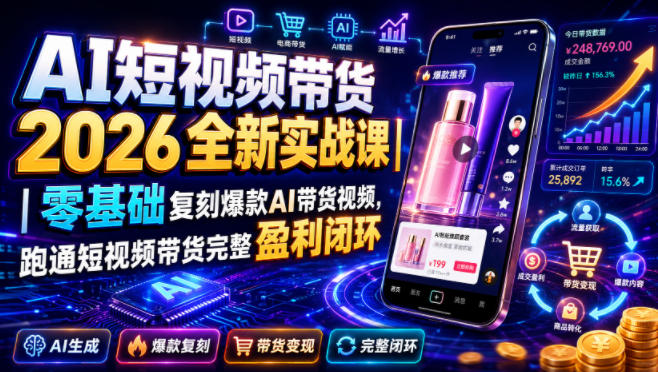AI短视频带货2026全新实战课｜零基础复刻爆款AI带货视频，跑通短视频带货完整盈利闭环|一人科技OPC聚合软件