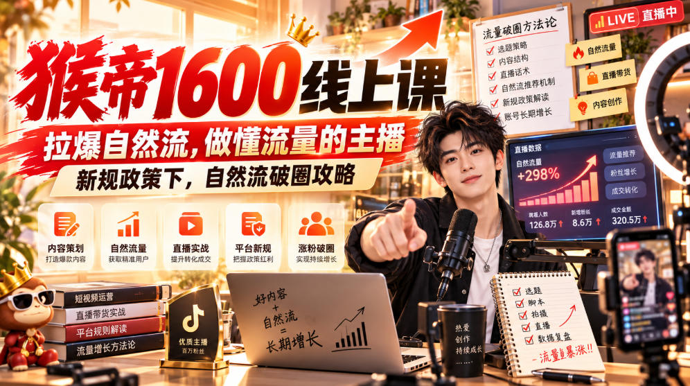 猴帝1600线上课，拉爆自然流，做懂流量的主播，新规政策下，自然流破圈攻略【更新261017】|一人科技OPC聚合软件
