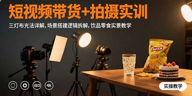 短视频带货+拍摄实训：三灯布光法详解,场景搭建逻辑拆解,饮品零食实景教学|HOOK协议网