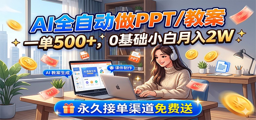AI全自动做PPT/教案，一单500+，0基础小白月入2W，永久接单渠道免费送|一人科技公司导航