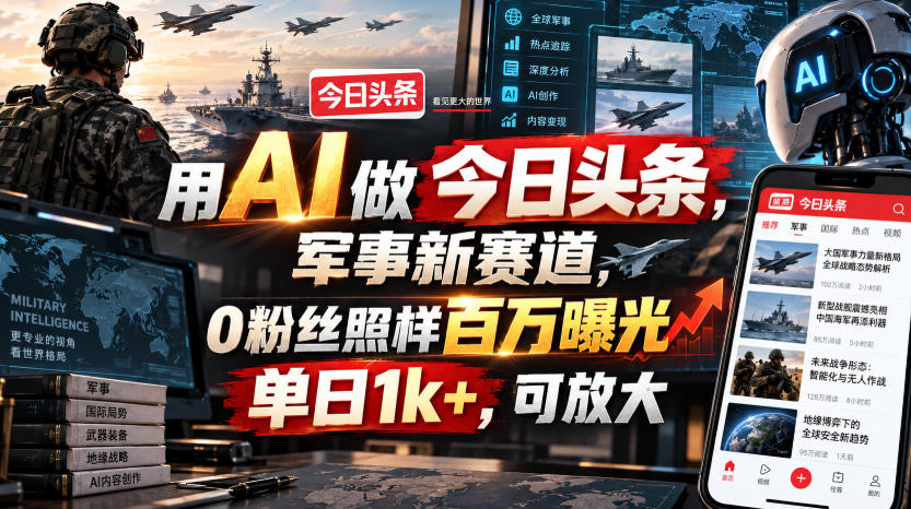 用AI做今日头条，军事新赛道，0粉丝照样百万曝光，单日1k+，可放大|一人科技OPC聚合软件