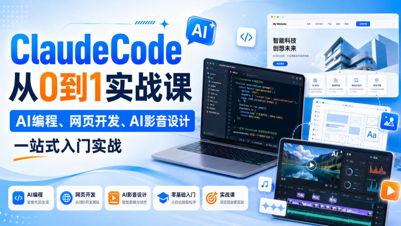Claude Code从0到1实战课，AI编程、网页开发、AI影音设计一站式入门实战(更新)|一人科技OPC聚合软件