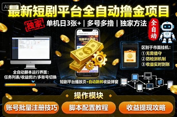 最新短剧平台全自动挂G撸金项目，单机一天3张+，多号多撸，区别于市面所有挂机项目，独家方法【揭秘】|HOOK协议网