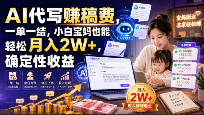 AI代写賺稿费，一单一结，小白宝妈也能轻松月入2W+，确定性收益【揭秘】|一人科技OPC聚合软件