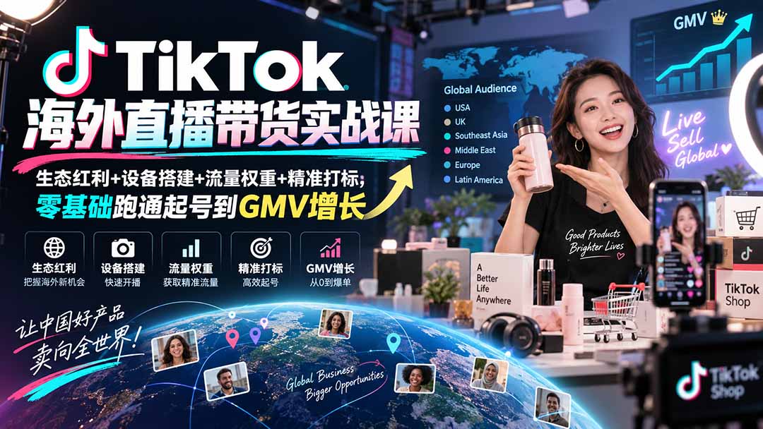 TikTok海外直播带货实战课｜生态红利+设备搭建+流量权重+精准打标，零基础跑通起号到GMV增长|一人科技OPC聚合软件