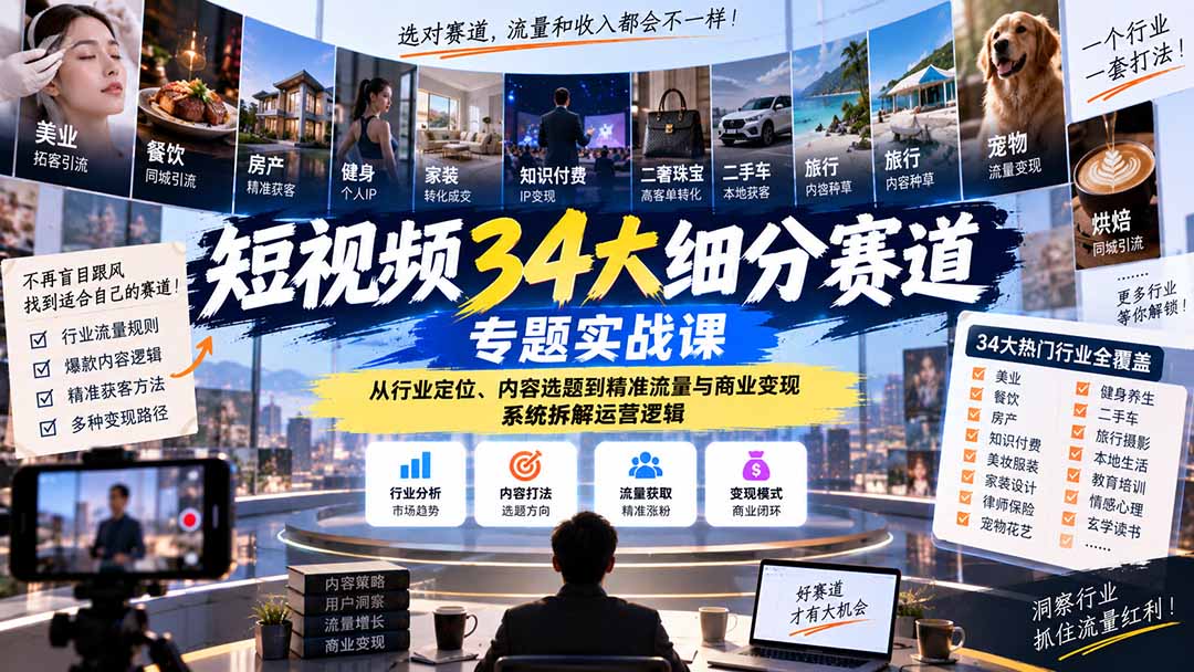 短视频34大细分赛道专题实战课：从行业定位、内容选题到精准流量与商业变现，系统拆解运营逻辑|一人科技OPC聚合软件