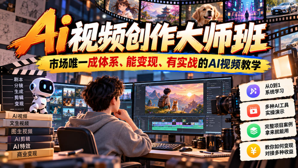 Ai视频创作大师班，市场唯一成体系、能变现、有实战的AI视频教学(更新2026)|一人科技OPC聚合软件