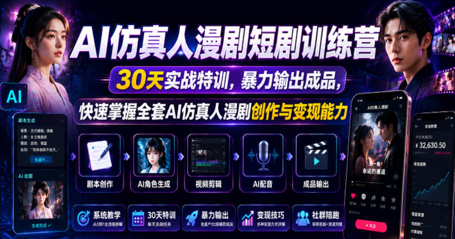 AI仿真人漫剧短剧训练营，30天实战特训，暴力输出成品，快速掌握全套AI仿真人漫剧创作与变现能力|一人科技公司导航