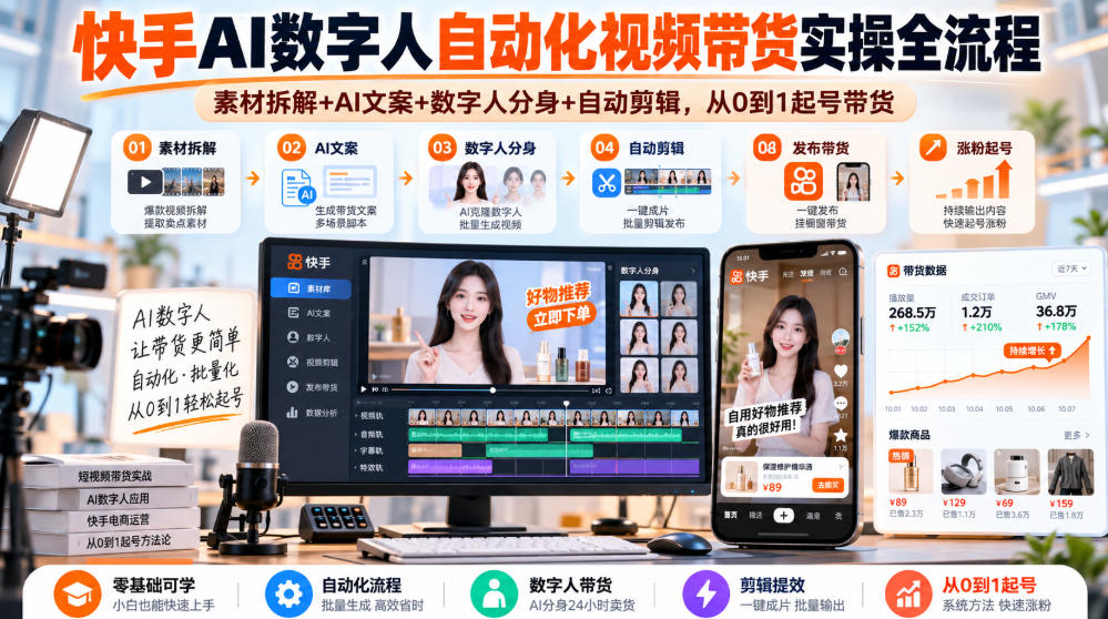 快手AI数字人自动化视频带货实操全流程｜素材拆解+AI文案+数字人分身+自动剪辑，从0到1起号带货(更新26年)|一人科技OPC聚合软件