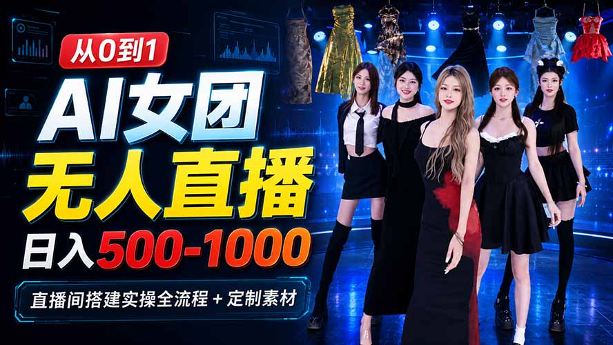 AI 女团无人直播，躺入500-1000每天，直播间搭建实操全流程+定制素材|一人科技OPC聚合软件