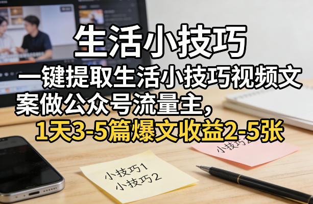 一键提取生活小技巧视频文案做公众号流量主，1天3-5篇爆文收益2-5张|协议软件打粉软件