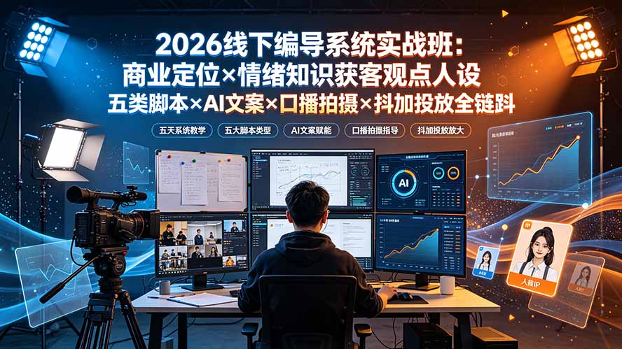2026线下编导系统实战班：商业定位×情绪知识获客观点人设五类脚本×AI文案×口播拍摄×抖加投放全链路|一人科技OPC聚合软件