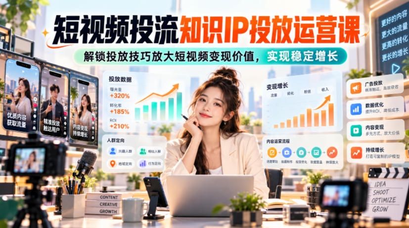 短视频投流知识IP投放运营课，解锁投放技巧放大短视频变现价值，实现稳定增长|一人科技OPC聚合软件