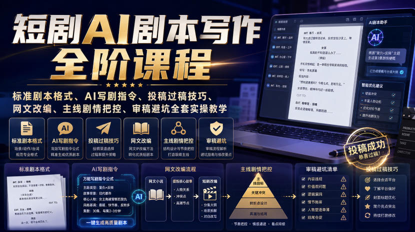 短剧AI剧本写作全阶课程｜标准剧本格式、AI写剧指令、投稿过稿技巧、网文改编、主线剧情把控、审稿避坑全套实操教学|一人科技OPC聚合软件