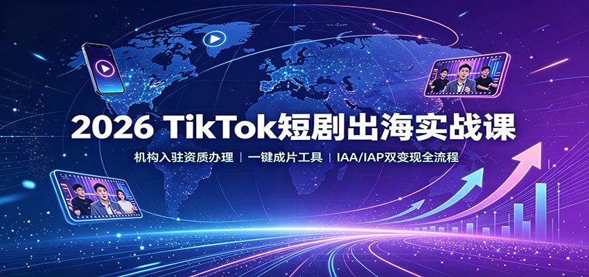 2026 TikTok短剧出海实战课：机构入驻资质办理，一键成片工具，IAA/IAP双变现全流程|一人科技OPC聚合软件