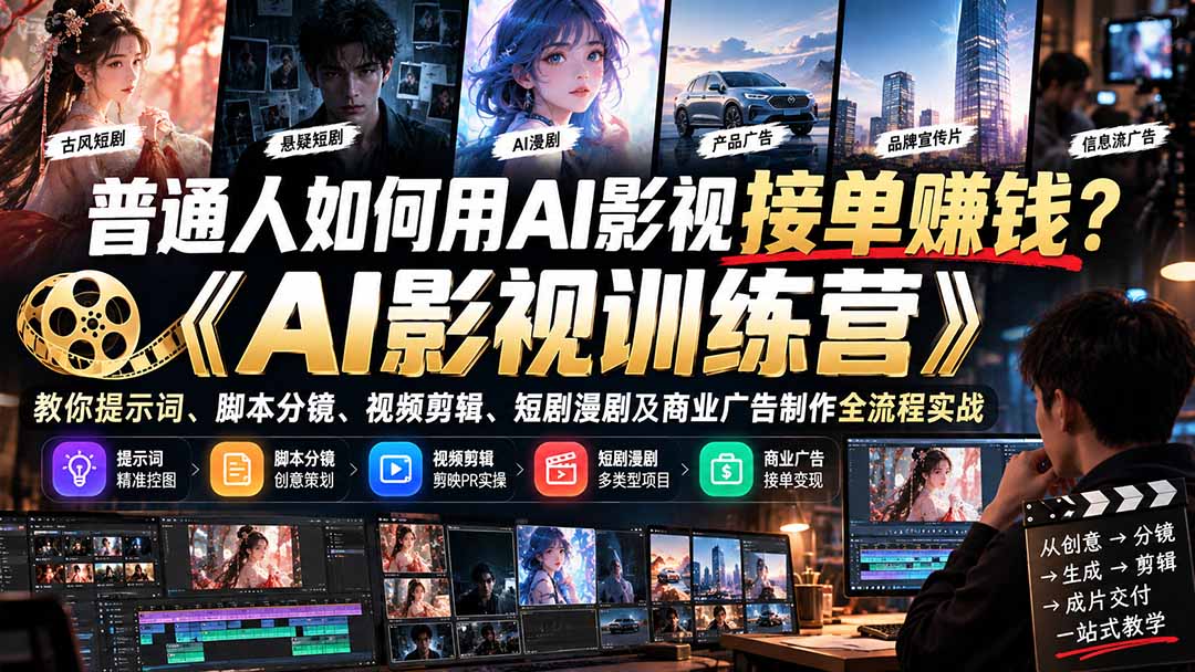 普通人如何用AI影视接单赚钱？《AI影视训练营》教你提示词、脚本分镜、视频剪辑、短剧漫剧及商业广告制作全流程实战|一人科技OPC聚合软件