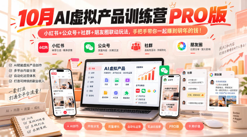 10月AI虚拟产品训练营PRO版，小红书+公众号+社群+朋友圈联动玩法，手把手带你一起赚到明年的钱！|一人科技OPC聚合软件