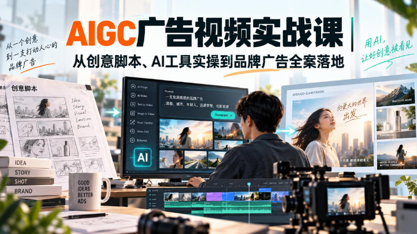 AIGC广告视频实战课｜从创意脚本、AI工具实操到品牌广告全案落地|一人科技OPC聚合软件