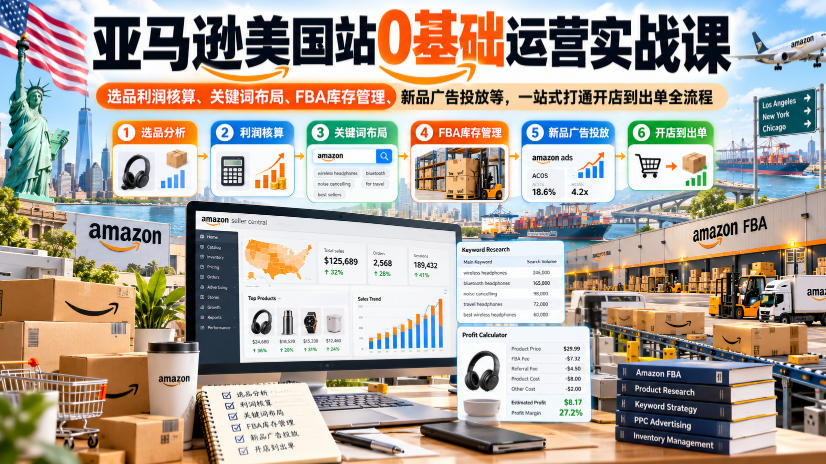 亚马逊美国站0基础运营实战课｜选品利润核算、关键词布局、FBA库存管理、新品广告投放等，一站式打通开店到出单全流程|一人科技OPC聚合软件