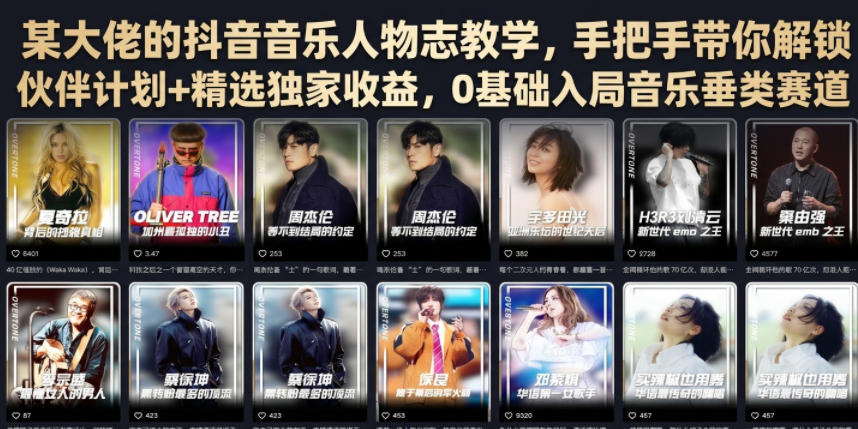 某大佬的抖音音乐人物志教学，手把手带你解锁伙伴计划+精选独家收益，0基础入局音乐垂类赛道|一人科技OPC聚合软件