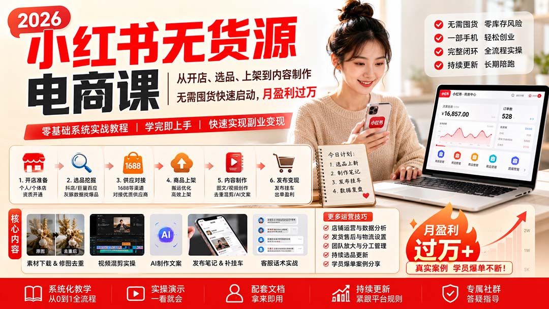 小红书无货源电商课(8月30更新|一人科技OPC聚合软件