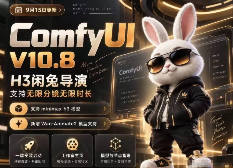 ComfyUI V10.8中文整合包,H3闲兔导演,支持无限分镜无限时长,1000+工作流,动作迁移,角色替换,视频一致性,口型同步,低显存可用