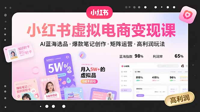 小红书虚拟电商变现课，AI蓝海选品，爆款笔记创作，矩阵运营，高利润玩法|HOOK协议网