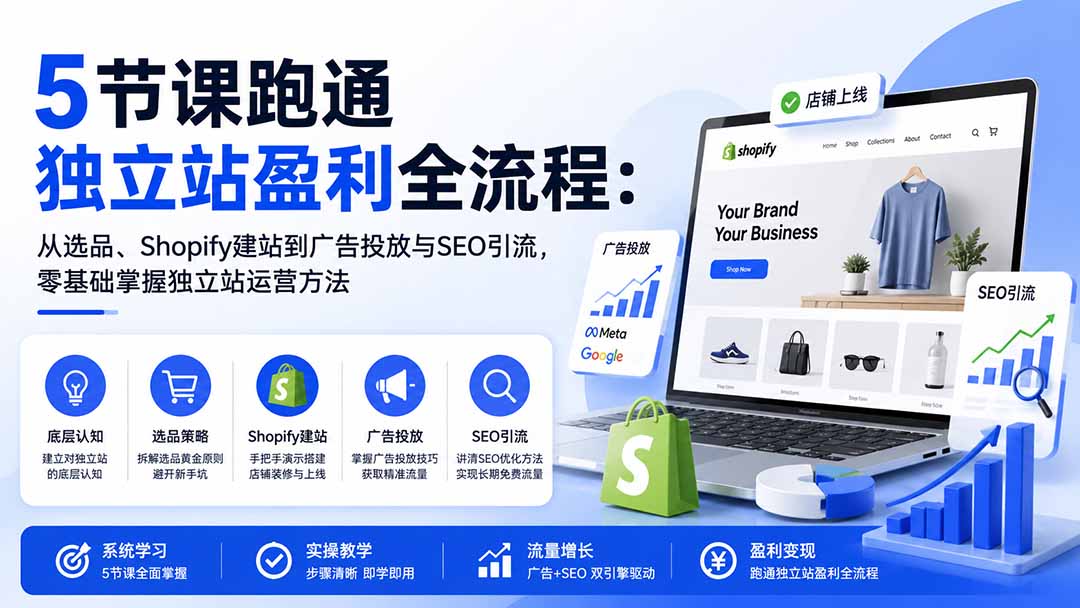 5节课跑通独立站盈利全流程：从选品、Shopify建站到广告投放与SEO引流，零基础掌握独立站运营方法|一人科技OPC聚合软件