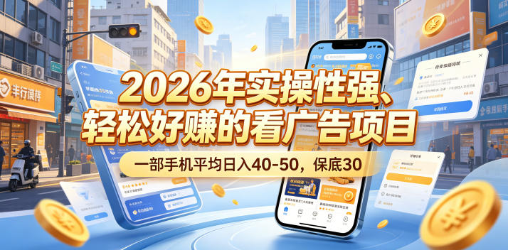 2026年实操性强、轻松好賺的看广告项目，一部手机平均日入40-50，保底30米【揭秘】|一人科技公司导航