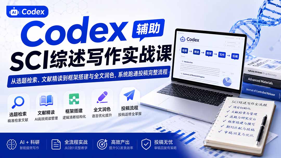 Codex辅助SCI综述写作实战课——从选题检索、文献精读到框架搭建与全文润色，系统跑通投稿完整流程|一人科技OPC聚合软件