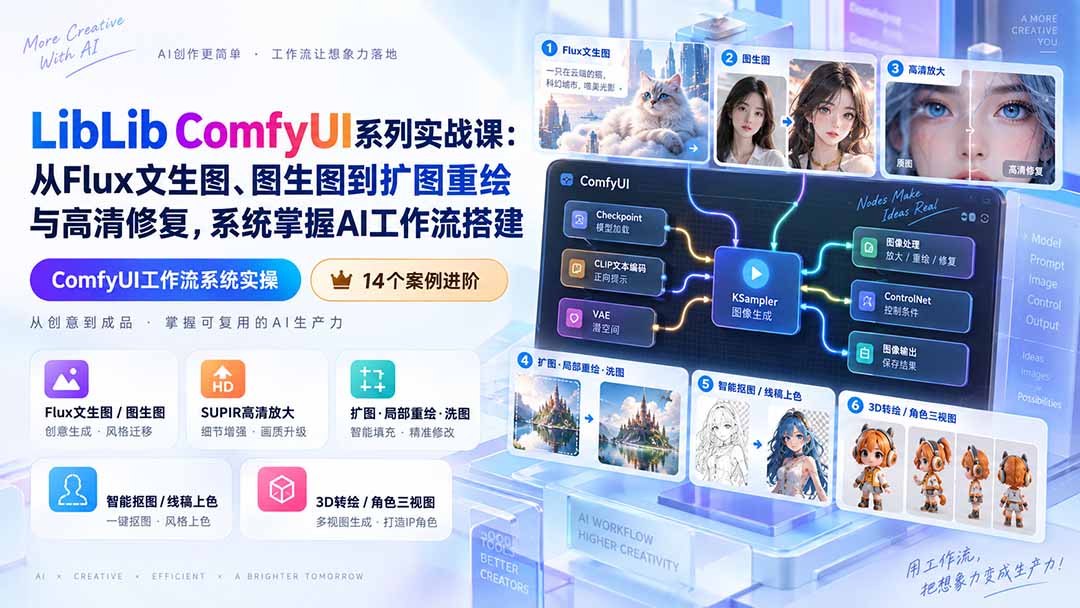 LibLib ComfyUI系列实战课：从Flux文生图、图生图到扩图重绘与高清修复，系统掌握AI工作流搭建|一人科技OPC聚合软件