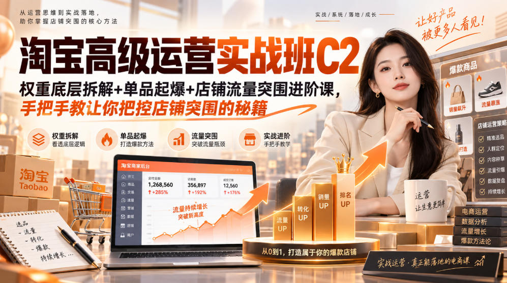 淘宝高级运营实战班C2｜权重底层拆解+单品起爆+店铺流量突围进阶课，手把手教让你把控店铺突围的秘籍|一人科技OPC聚合软件