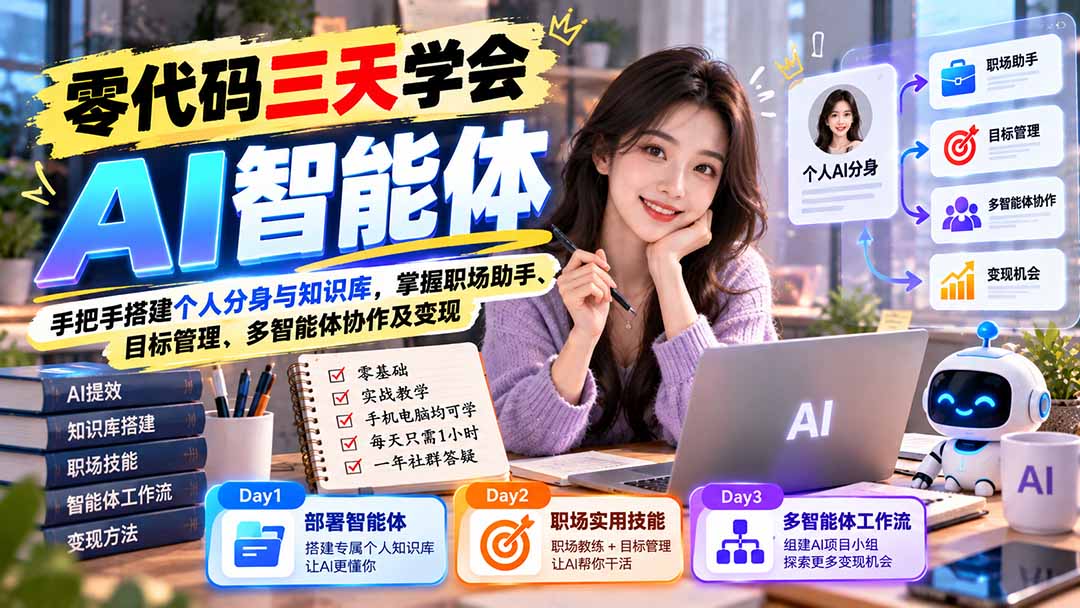 【无水印】零代码三天学会AI智能体：手把手搭建个人分身与知识库，掌握职场助手、目标管理、多智能体协作及变现|一人科技OPC聚合软件