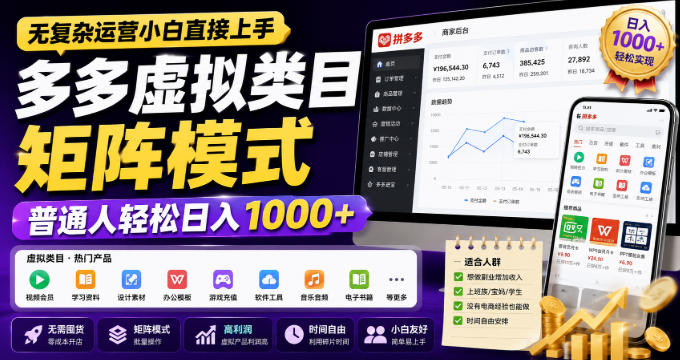 无复杂运营小白直接上手，多多虚拟类目矩阵模式，普通人轻松日入1000+【揭秘】|一人科技OPC聚合软件