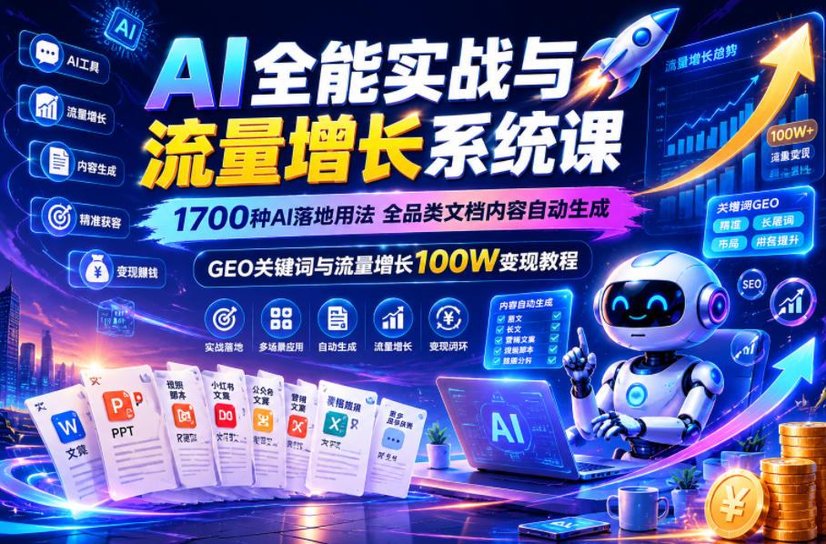 AI全能实战与流量增长系统课，1700种AI落地用法，全品类文档内容自动生成，GEO关键词与流量增长100W变现教程|一人科技公司导航