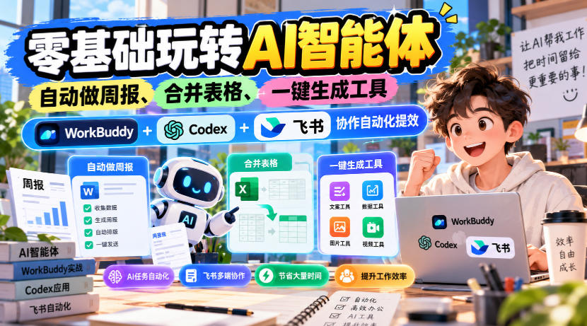 【无水印】零基础玩转AI智能体，自动做周报、合并表格、一键生成工具，WorkBuddy+Codex + 飞书协作自动化提效|一人科技OPC聚合软件