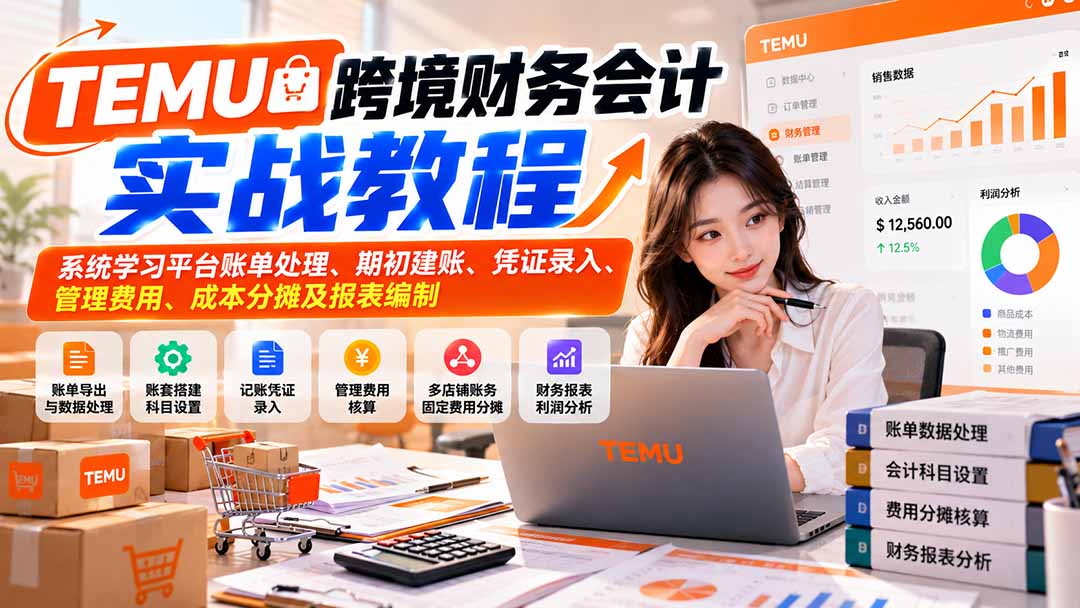 TEMU跨境财务会计实战教程：系统学习平台账单处理、期初建账、凭证录入、管理费用、成本分摊及报表编制|一人科技OPC聚合软件