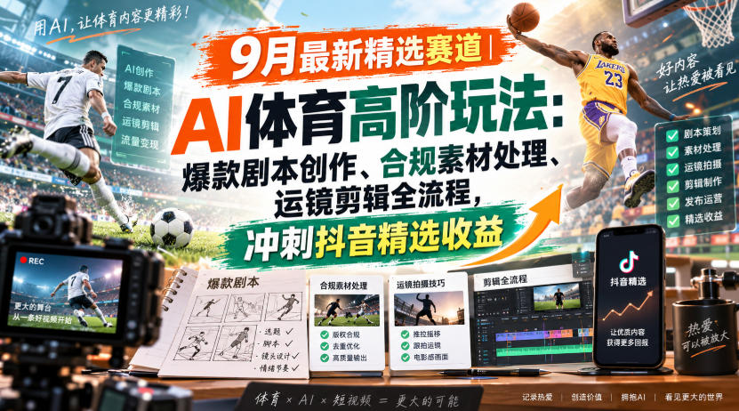 某大佬的9月最新精选赛道之AI体育顶级玩法，爆款剧本创作、版权规避、运镜剪辑全流程，稳拿抖音精选收益|一人科技OPC聚合软件