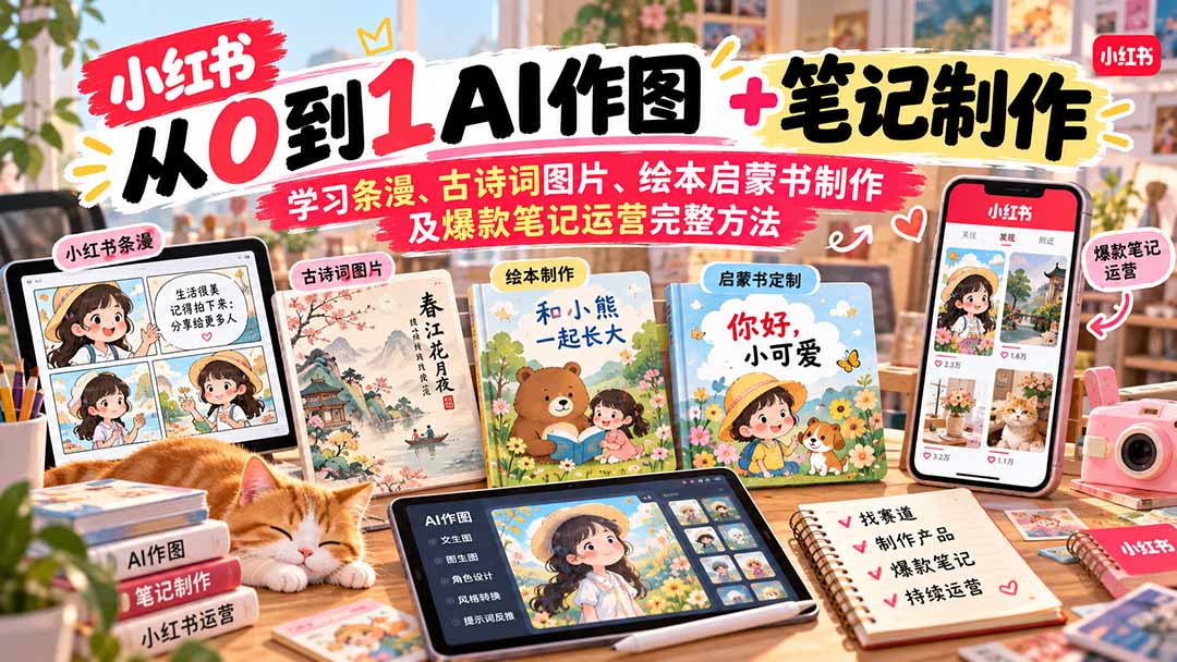 2026小红书AI内容创作从0到1：学习条漫、古诗词图片、绘本启蒙书制作及爆款笔记运营完整方法|一人科技OPC聚合软件