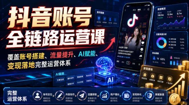 抖音账号全链路运营课,覆盖账号搭建、流量提升、AI赋能、变现落地完整运营体系|一人科技OPC聚合软件