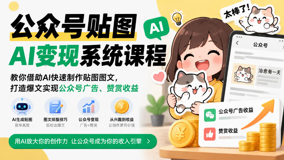 公众号贴图AI变现系统课程｜教你借助AI快速制作贴图图文，打造爆文实现公众号广告、赞赏收益|一人科技OPC聚合软件