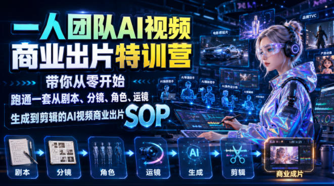 一人团队AI视频商业出片实战课：带你从零开始跑通一套从剧本、分镜、角色、运镜、生成到剪辑的AI视频商业出片SOP|一人科技OPC聚合软件