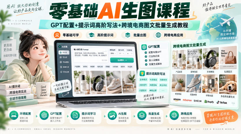 零基础AI生图课程，GPT配置+提示词高阶写法+跨境电商图文批量生成教程|一人科技OPC聚合软件