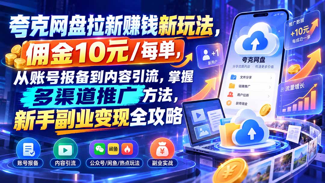 夸克网盘拉新赚钱新玩法，佣金10元/每单，从账号报备到内容引流，掌握多渠道推广方法，新手副业变现全攻略|一人科技OPC聚合软件