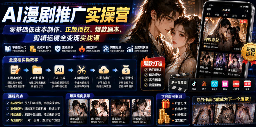 AI漫剧推广实操营｜零基础低成本制作、正版授权、爆款剧本、剪辑运镜全变现实战课|一人科技OPC聚合软件