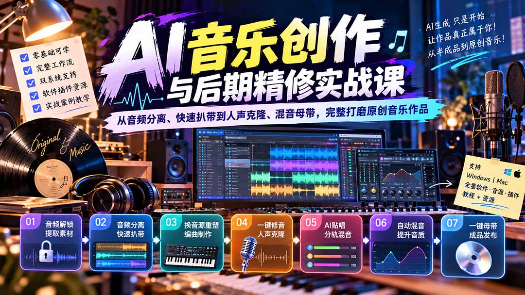 AI音乐创作与后期精修实战课：从音频分离、快速扒带到人声克隆、混音母带，完整打磨原创音乐作品|一人科技OPC聚合软件