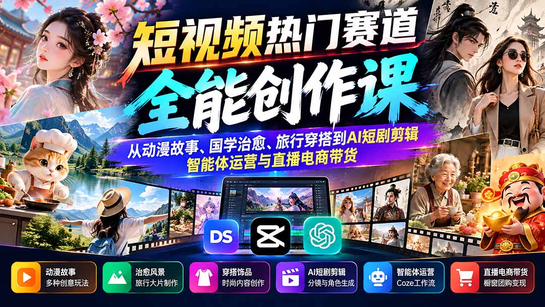 短视频热门赛道全能创作课：从动漫故事、国学治愈、旅行穿搭到AI短剧剪辑、智能体运营与直播电商带货|一人科技OPC聚合软件
