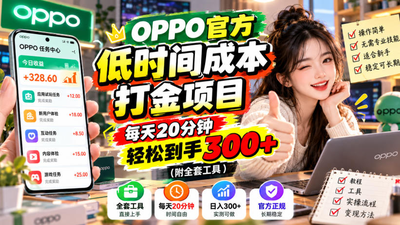 OPPO官方低时间成本打金项目，每天20分钟，轻松到手300+(附全套工具)【揭秘】|一人科技OPC聚合软件